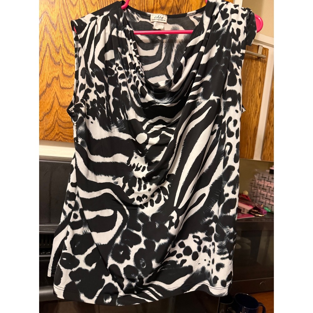 Creative Design Works CDW Animal Print Cowl Neck Tank Top Black White XL USA